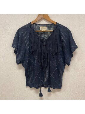 Denim & Supply By Ralph Lauren Short Sleeve Blue Western Fringe Crop Top sz XS